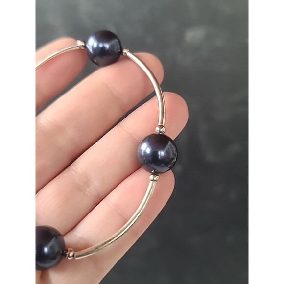 925 Sterling Silver Faux Blue Pearl Beaded Bangle Bracelet Vintage - Picture 5 of 10